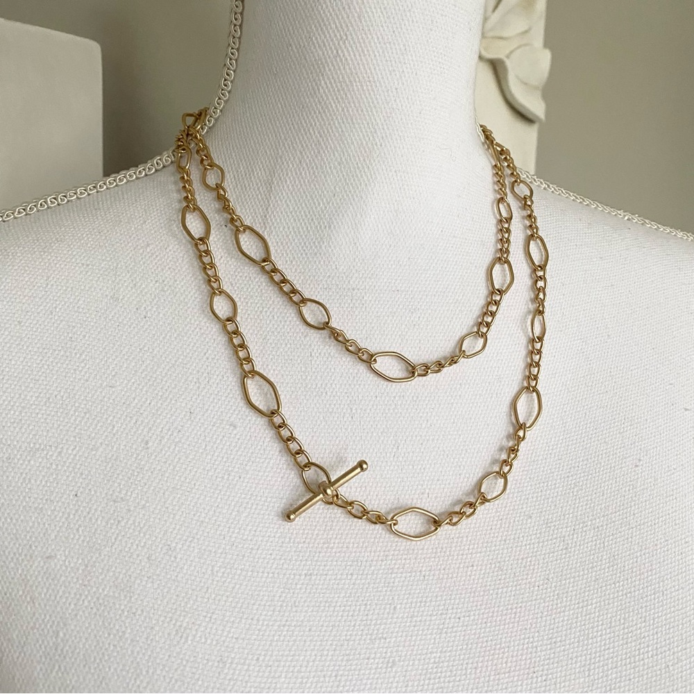 NWT beautiful 40” matte goldtone Loft toggle necklace with LOFT pouch & gift box
